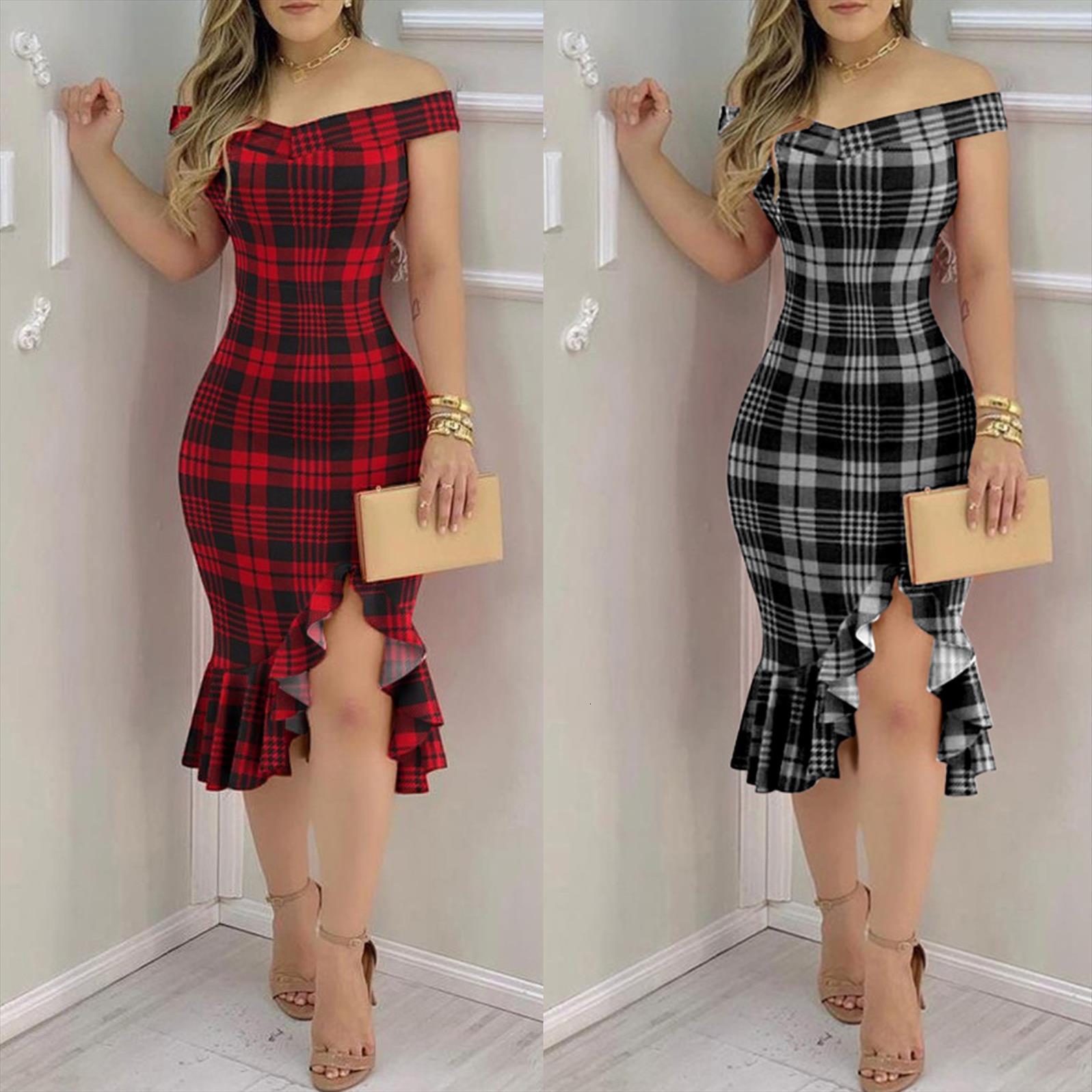 

spring fashion classic plaid plain women dress color cold shoulder ruffled loose hem split one word neck slim fit, Black;gray