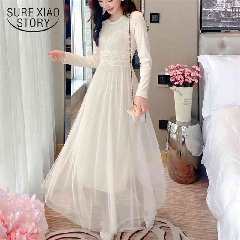 

Lace Mesh Elegant Midi Dress Autumn Dresses Solid A Line Elastic Waist O Neck Long Dress Women Vestidos 12159 210519, Black