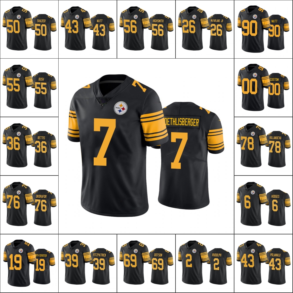 

PittsburghSteelersMen 7 Ben Roethlisberger 39 Minkah Fitzpatrick 90 T.J. Watt Women Youth Custom Color Rush Limited Jersey, 12