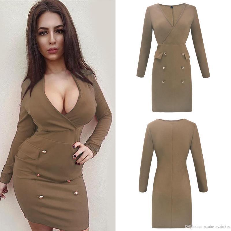 

Dress Deep V-neck Sexy Buttons Designer Clothes Pencil Dress Work OL Womens Autumn Bodycon, Black;gray