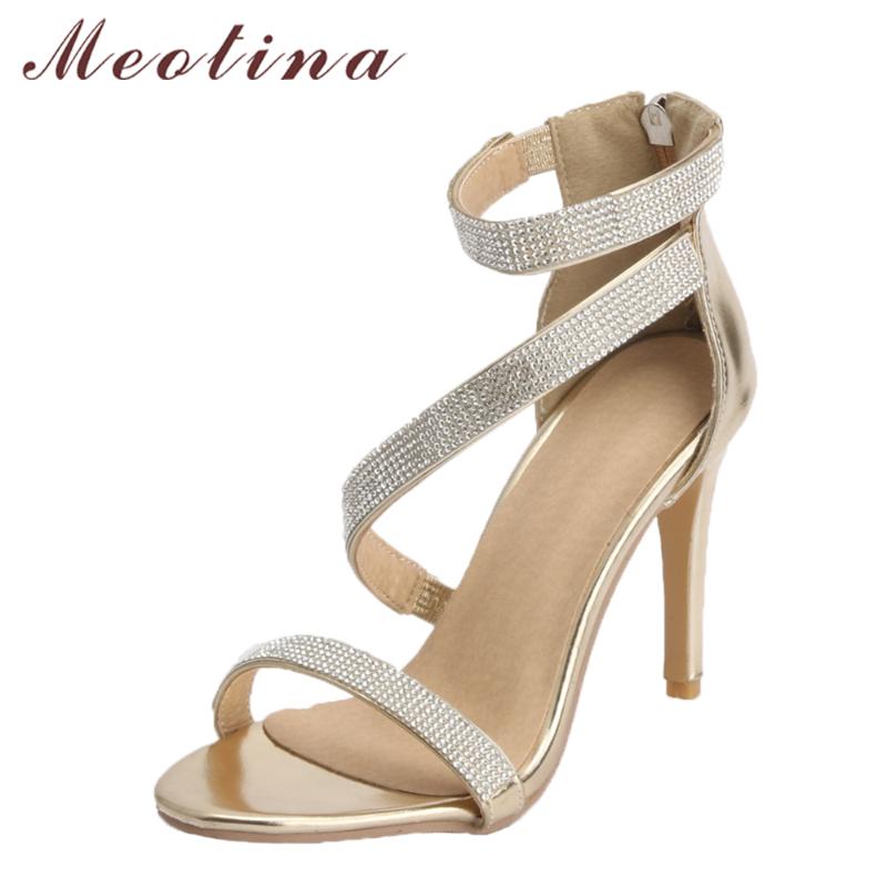 

Meotina 2021 Summer Sandals Women High Heels Rhinestone Rome Shoes Zipper Thin Ladies Party Gold Big Size 34-43, Black