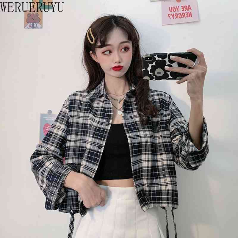 

WERUERUYU Vintage Cotton Plaid Shirt Female Tops Women Long Sleeve Blouse Autumn Women Blouses 210608, Photo color