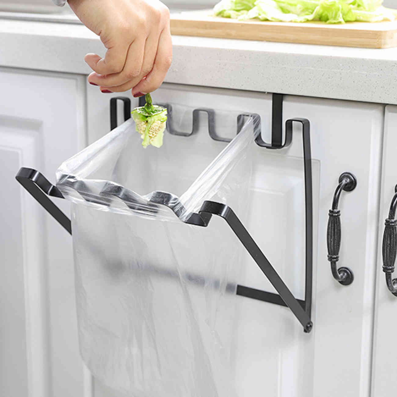 1PCS Trash Bag Fixing Hook Kitchen Plastic Bag Hanger Hanging Trash Can Kitchen Accessories Foldable Trash Bag Storage Rack-image-689792528
