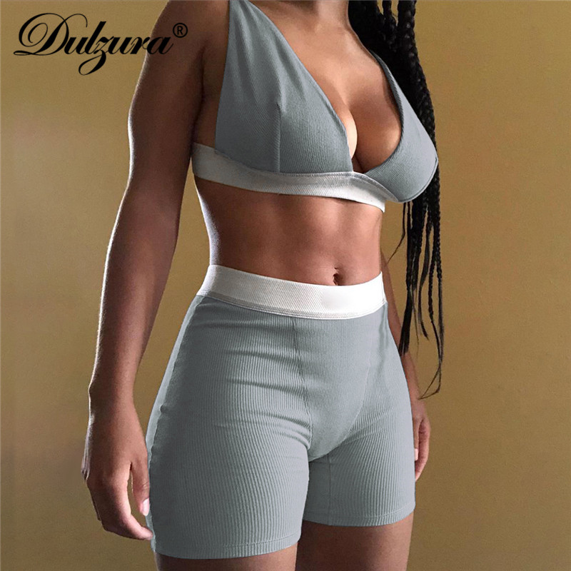 

Dulzura Ribbed Patchwork Women Two Piece Set Bra Crop Top Biker Shorts Suits Bodycon Sexy Streetwear Matching Sporty Tracksuit, Khaki