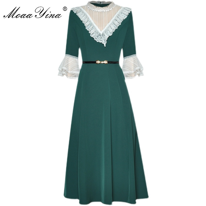 

Fashion Designer dress Spring Women's Dress Crystal Lace Ruffles Elegant lace-up Dresses 210524, Green