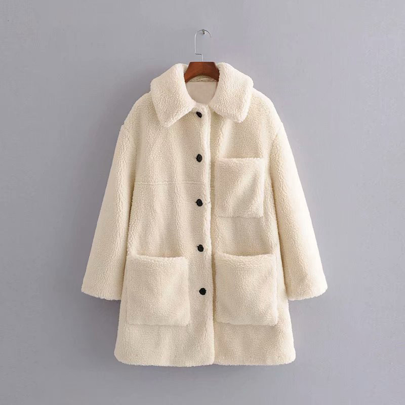 

Winter Style Female Retro Fashion Temperament Versatile Lapel Pocket Warm Mid-Length Women Coat 210520, Beige