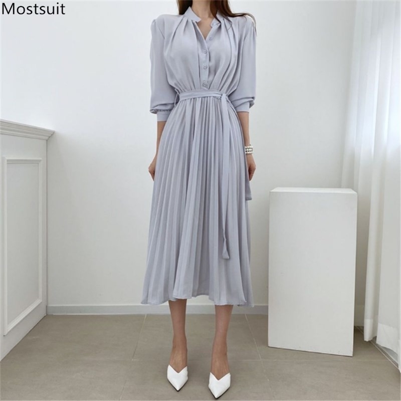 

Spring Women Dress Fashion Long Sleeve Lace Up Buttons Pleated es Korean Stand Collar Party Vestido Mujer 210518, Gray