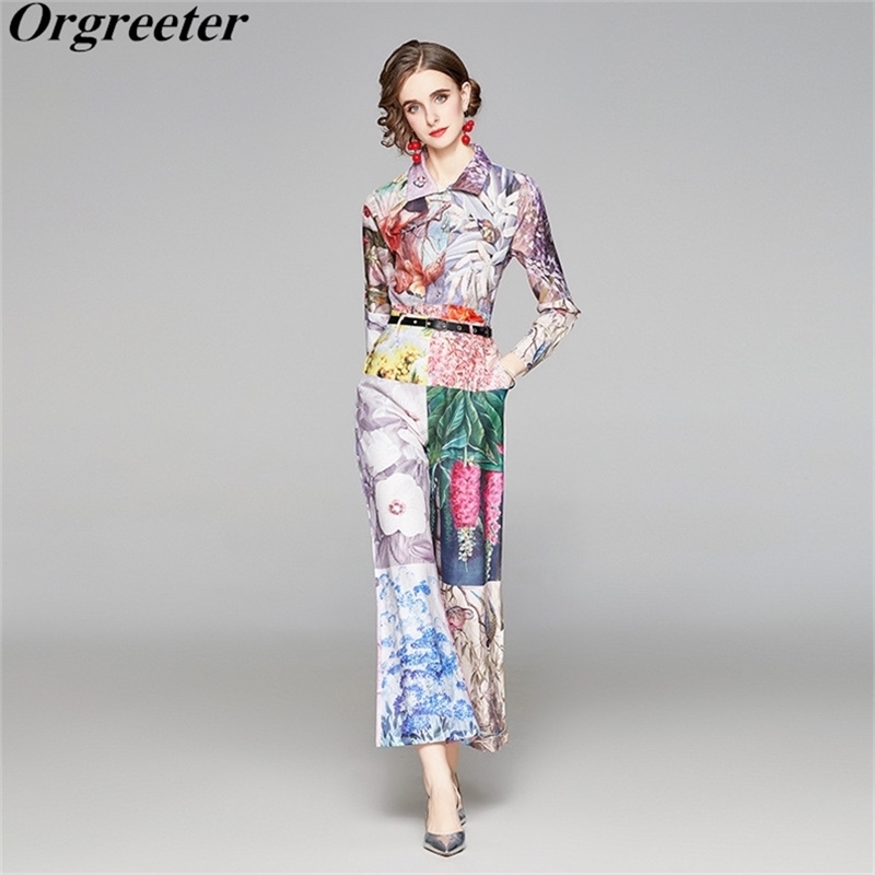 

Fashion Runway Spring Fall Pants Two piece Set Women Long Sleeve Floral Print Shirts + Casual Flare Suits 210602, Picture color
