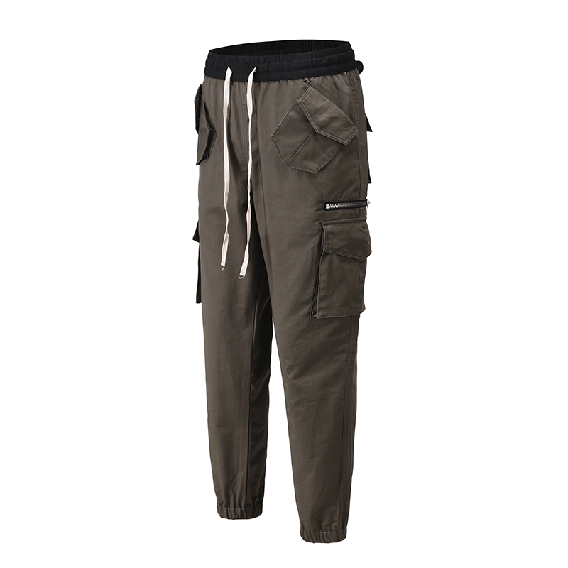 

High Street Multi-pockets Drawstring Cargo Pants Mens Solid Color Straight Baggy Trousers Harajuku Boom Feet Casual Pencil Pants, Black