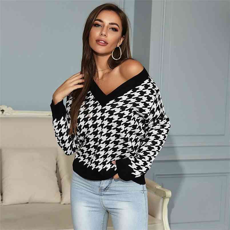 

Elegant Women Sweater Sexy Deep V Neck Houndstooth Autumn Winter Sweaters Top Knitted Woman Jumper Long Sleeve Pullover 210914, Black