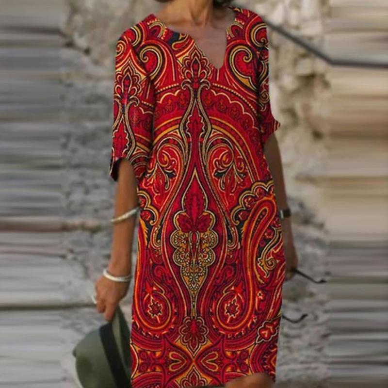 

Casual Dresses Women Fashion Floral Party Boho Dress Summer Vintage Loose V-Neck Mini Lady Half Sleeve A-Line Vestidos 5XL, Black;gray