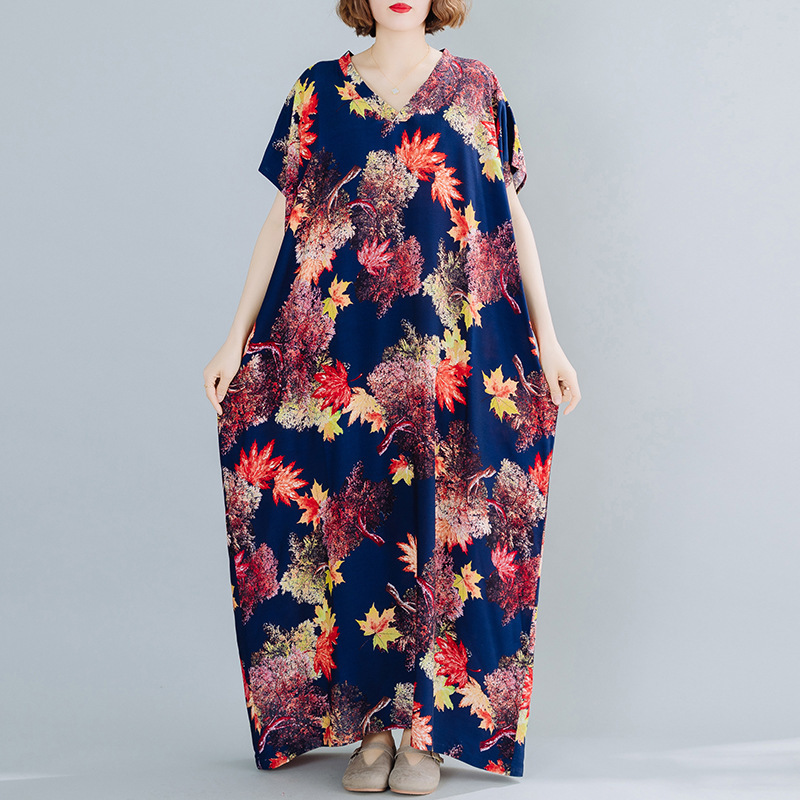 

Johnature Women Print Floral Vintage Dresses V-Neck Summer Cotton Blend Bat Sleeve Blue Women Casual Maxi Dresses 210521, Multi