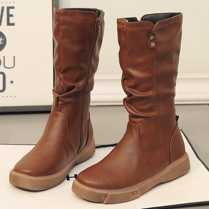 

Boots MCCKLE Women's Mid-calf Pu Leather Zipper Fashion Short Plush Ladies Shoes Winter 2021 Retro Female Boot Plus Size, Brown