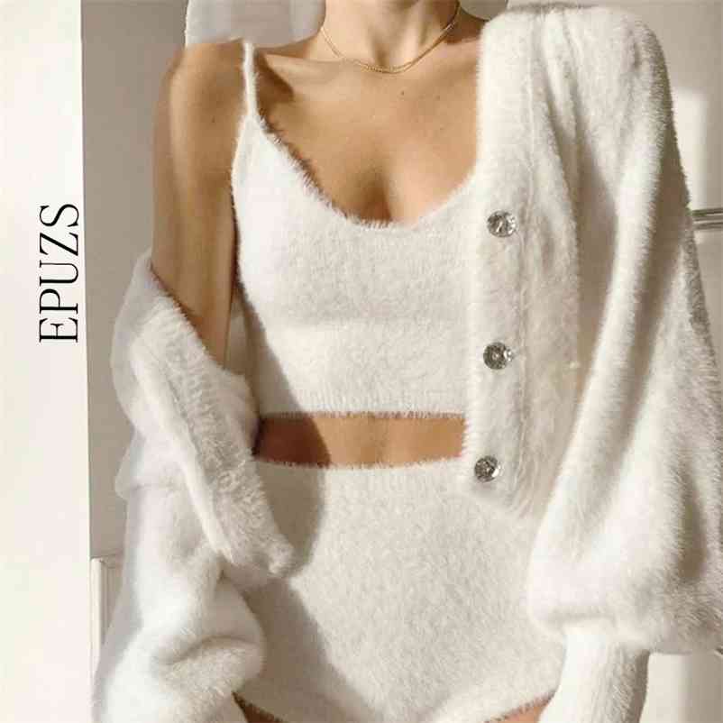 

Womens Cardigan Warm Mohair Sweater long sleeve Knitted White Cropped sweater Sexy korean jumper 210521, White shorts