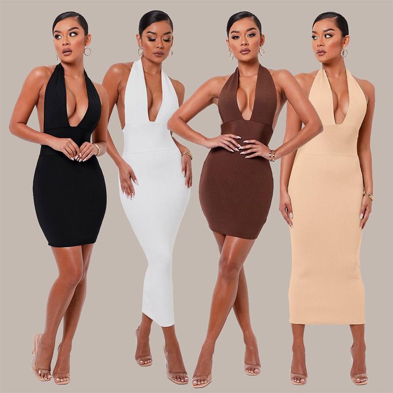 

Casual Dresses White Ribbed Bodycon Midi Dress Summer Women Sexy Halter Deep V Neck Sleeveless Backless Mini Lady Party Club Long, Black