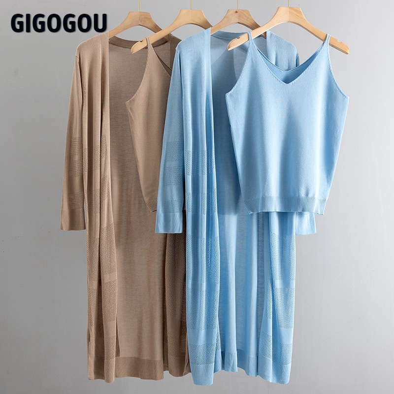 

gigogou women hollow out sunscreen cardigan sweater spring summer solid open blouse + tank 2 pcs tracksuits sweater set, Black