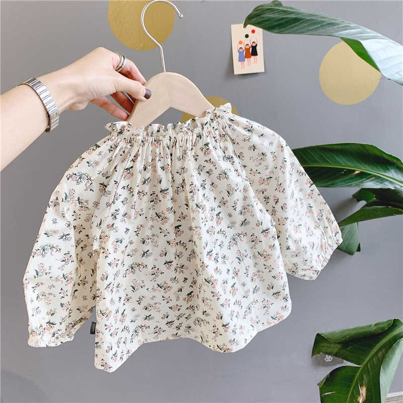 

Spring Korean Style Baby Girls Floral Blouses Ruched Collar Long Sleeve Tops Toddlers Children Clothes Cute Kids Shirts 210615, Beige g0146