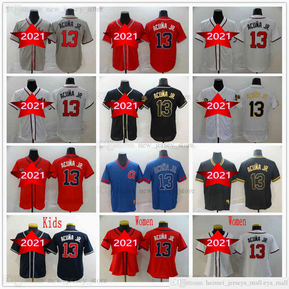 

2021 Man Women Youth Kids Stitched Baseball 13 Ronald Acuna Jr. Jerseys Grey Black Gold White Red Dark Blue Jersey Size S-XXXL, Youth size s-xl
