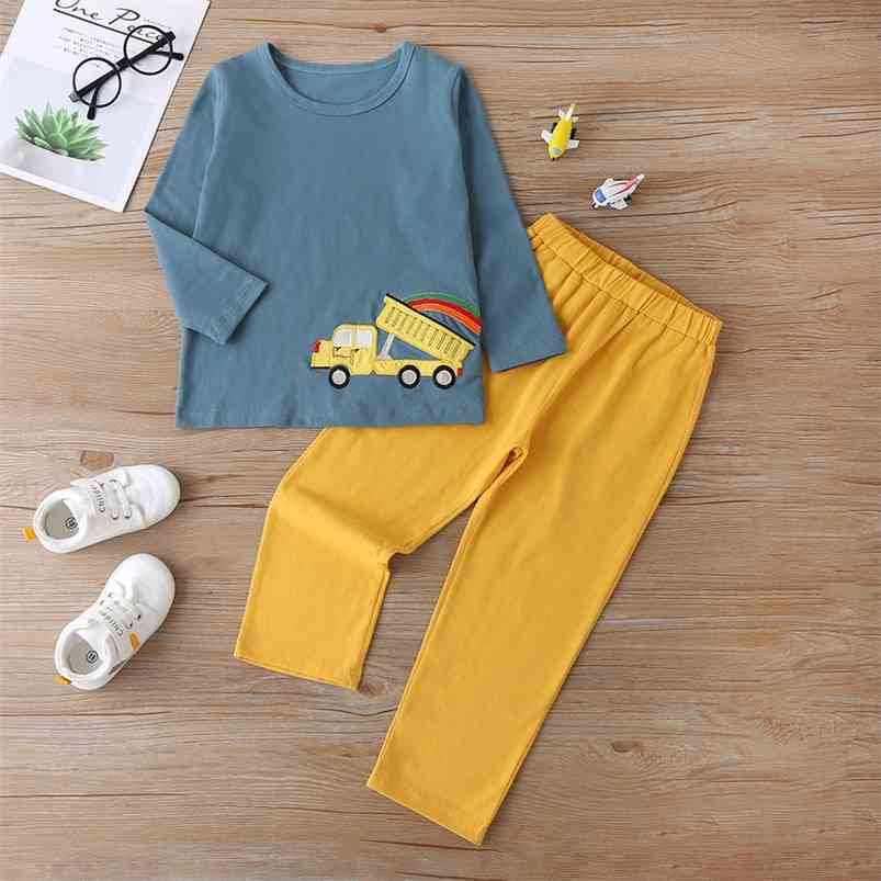 

Winter Children Sets Casual Long Sleeve O Neck Print Car T-shirt Yellow Solid Trousers Cute 2Pcs Boys Clothes 2-6T 210629, Blue