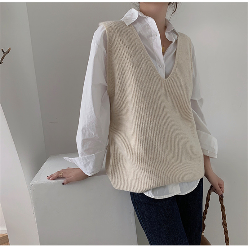 

2021 Autumn Knitted Vest For Women Cardigan Sweater Solid V-Neck Thin Contrast Loose Sweet Elegant Casual All Match Female Tops, Black