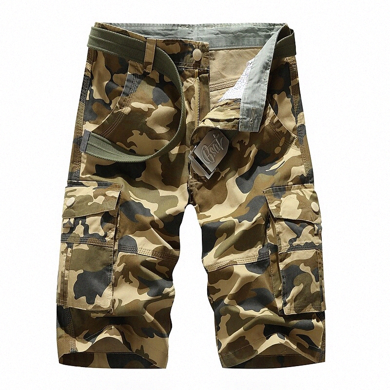Men's Basic Shorts Tactical Cargo Knee Length Pants Daily Micro-elastic Camouflage Breathable Outdoor Mid Waist Slim Khaki 3XL / Summer u3um#