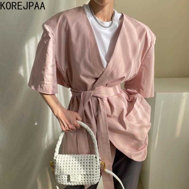 

Korejpaa Women Jacket Summer Korean Chic Minimalist Temperament V-Neck One-Button Short-Sleeved Lace-Up Solid Color Blazers 210526, Pink