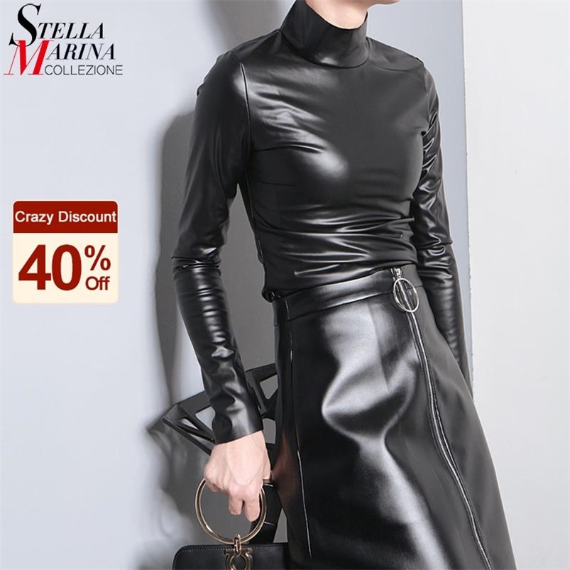 

Japanese Style Woman Autumn Unique Black Faux Leather PU Tee Tops Full Sleeve Harajuku T shirt Turtleneck Slim Thin T-shirt 781 210722, 781 black