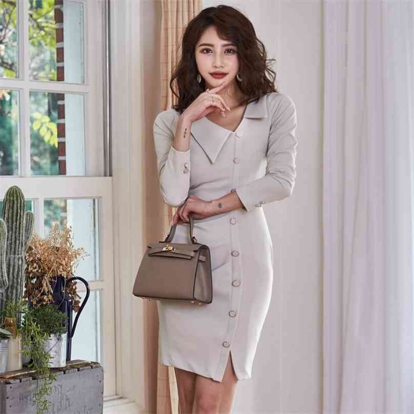 

spring and summer style korean temperament irregularity long sleeve slim solid color thin sexy office party for women dress 210602, Gray