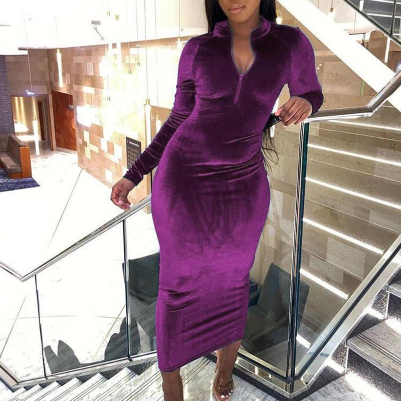 

Casual Dresses Sexy Women Solid Color Long Sleeve V Neck Slim Zipper Party Evening Dress, Black;gray