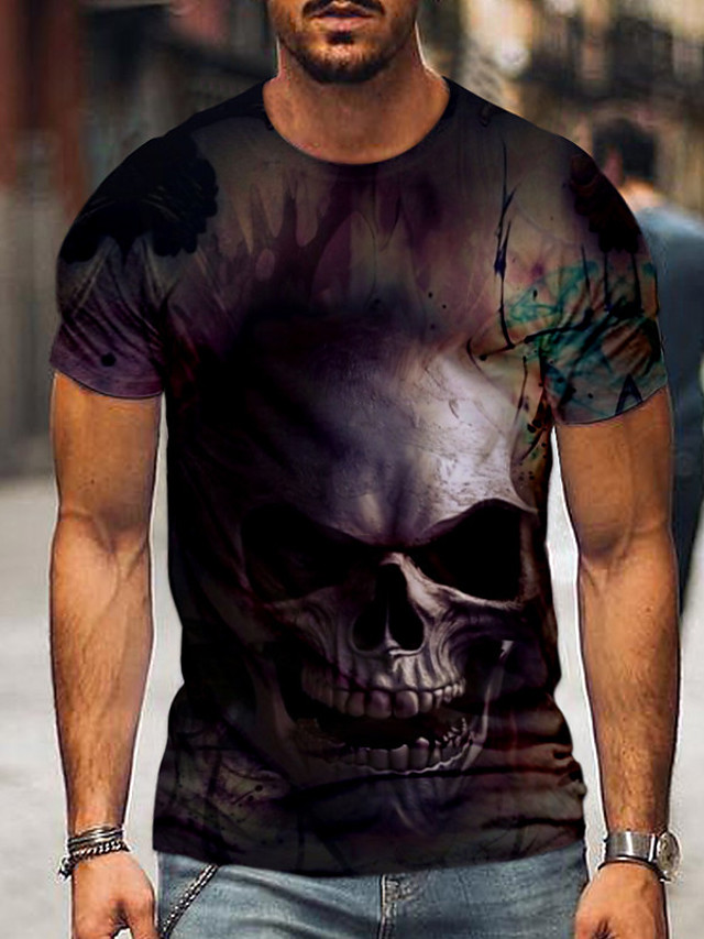 Weeping skull pattern men&#039;s 3D printed T-shirt visual impact party top streetwear punk gothic round neck high quality American muscle style-image-711682890