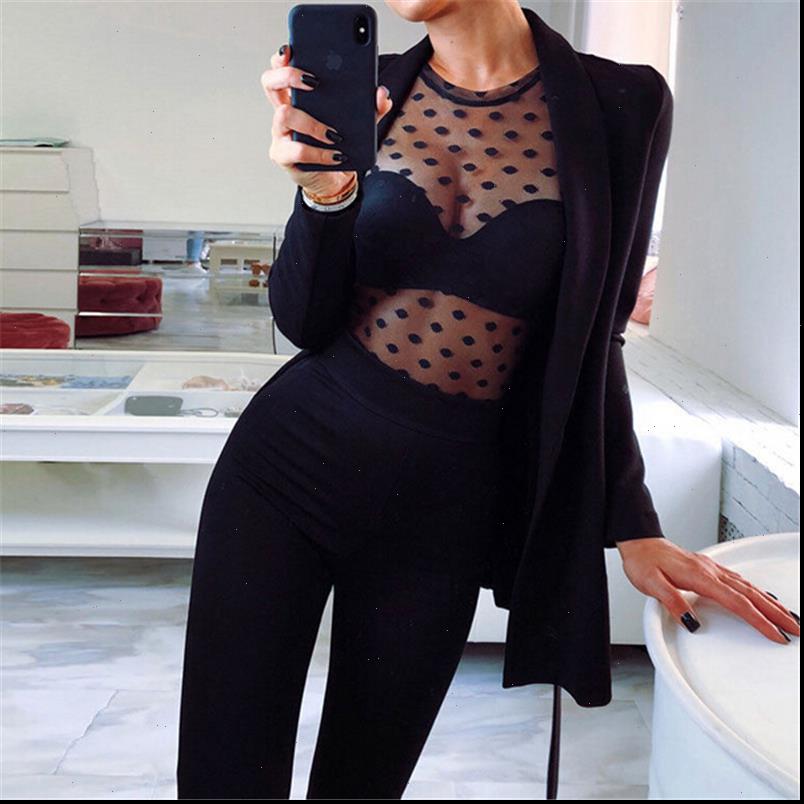 

long sleeve women shirt polka dot print see through top, White