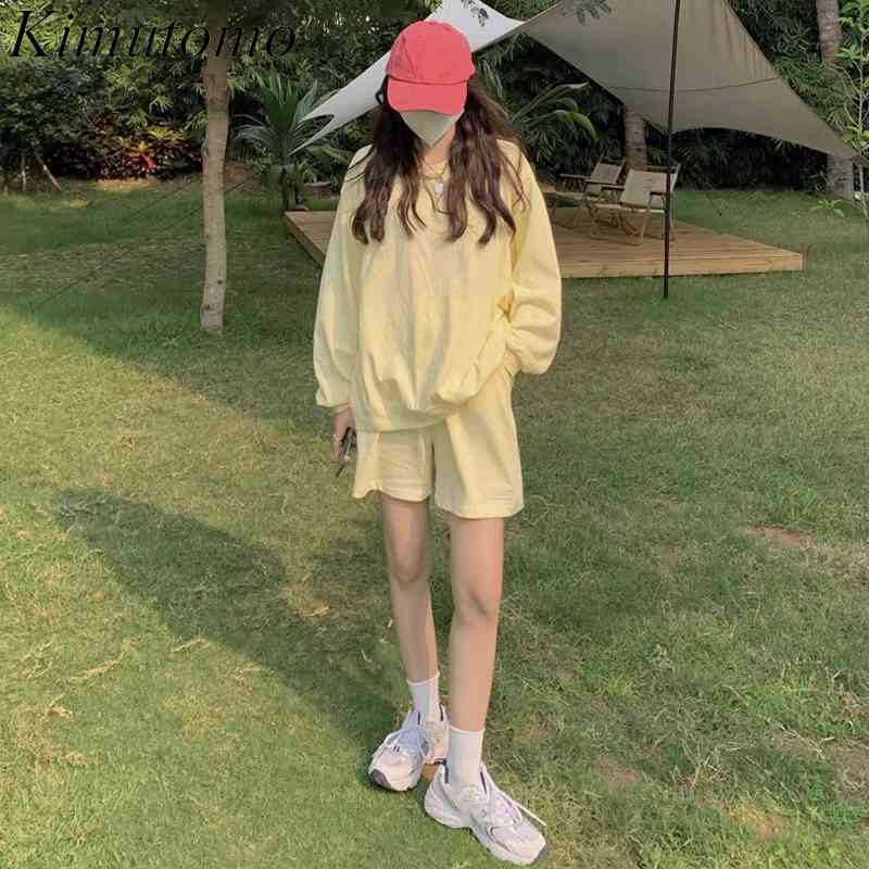 

Kimutomo Solid Simple Suit Spring Korean Fashion Clothing Long Sleeve O-neck Tops + High Elastic Waist Shorts Two Piece Set 210521, White suit