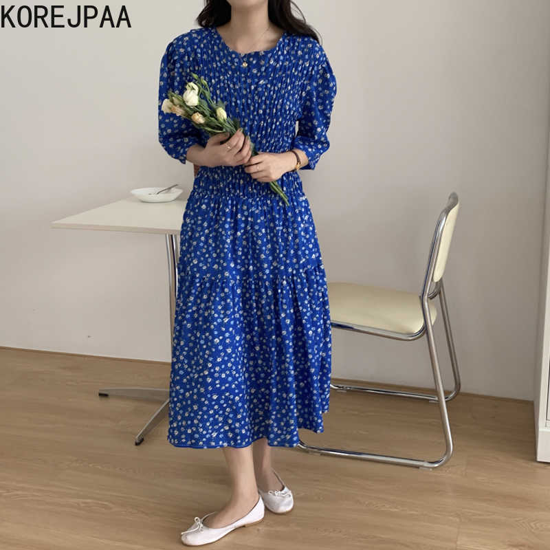 

Korejpaa Women Dress Summer Korean Chic Girls Vintage Gentle Full Screen Floral Round Neck Pleated Slim Puff Sleeve Vestido 210526, Blue