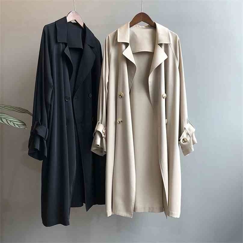

Elegant Women Long Coat Casaco Spring Autumn Turn Down Collar Double Breasted Korean Trench Woman Windbreaker Overcoat 210525