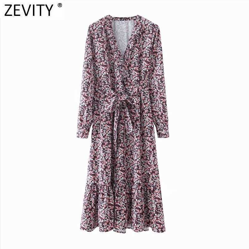 

Zevity Women Vintage V Neck Floral Print Bow Tied Sashes Midi Dress Female Chic Long Sleeve Ruffles Party Vestido DS4974 210603, As pic ds4974gl