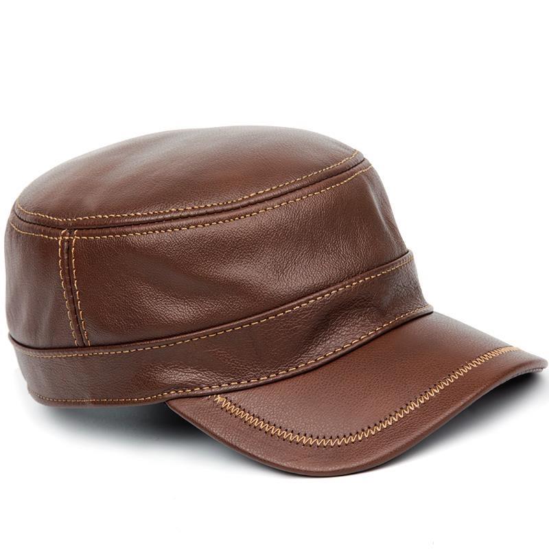 

Genuine Leather Baseball Golf Sport Cap Hat Men's Brand Army Military Hats Caps With Ear Flap Brown Black Wide Brim