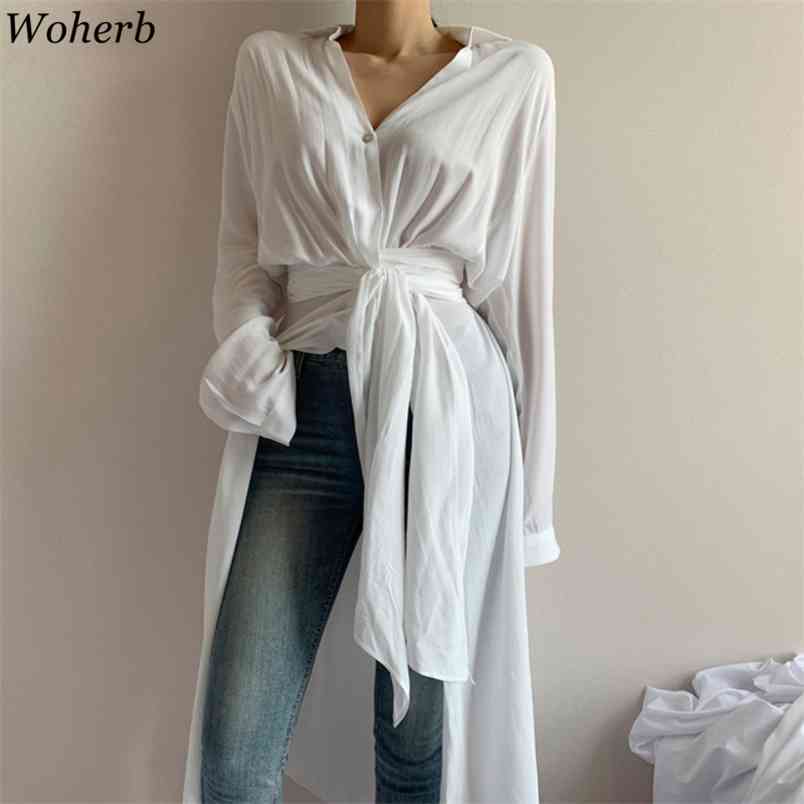 

Chic Asymmetrical Long Shirt Women Solid Bandage Blouse Summer Thin Blusas Office Lady Streetwear Woman Shirts 210519, White