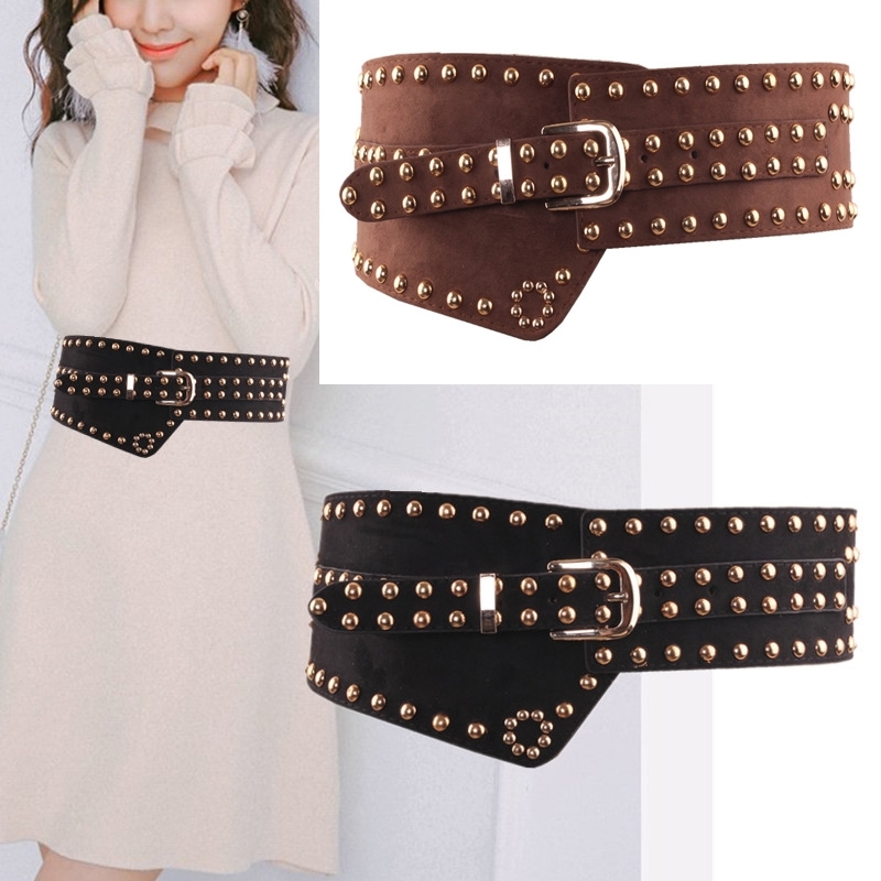 

Designer belts 2023 Women Fashion High Quality Elastic Fannel Rivet Retro Width Waistband Slim Corset Emale Dress Coat Fur Hige Waist