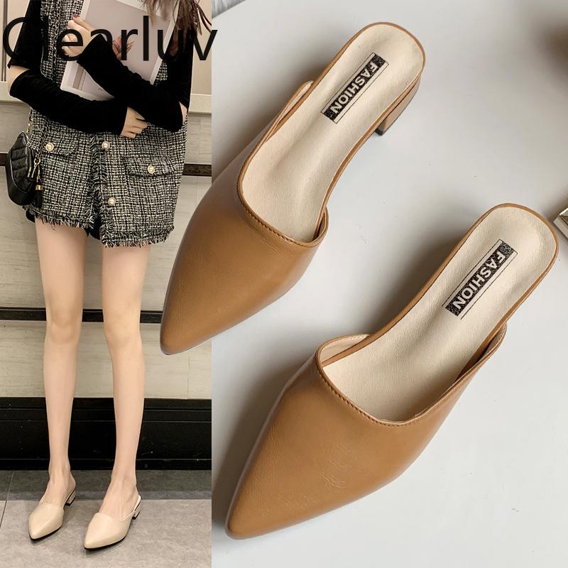 

Slippers 2021 Fashion Comfortable Pointed Toe Women's Slipper Dress Wild Low Heel Flat Sandals Vintage Mules Temperament Single Shoes, Black