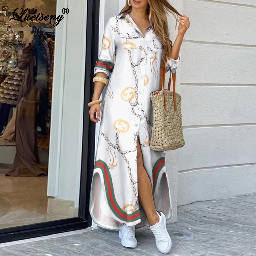

lueiseny fashionable shirt-style button dress women long street casual large size dresses loose home commuter print dress, Black;gray