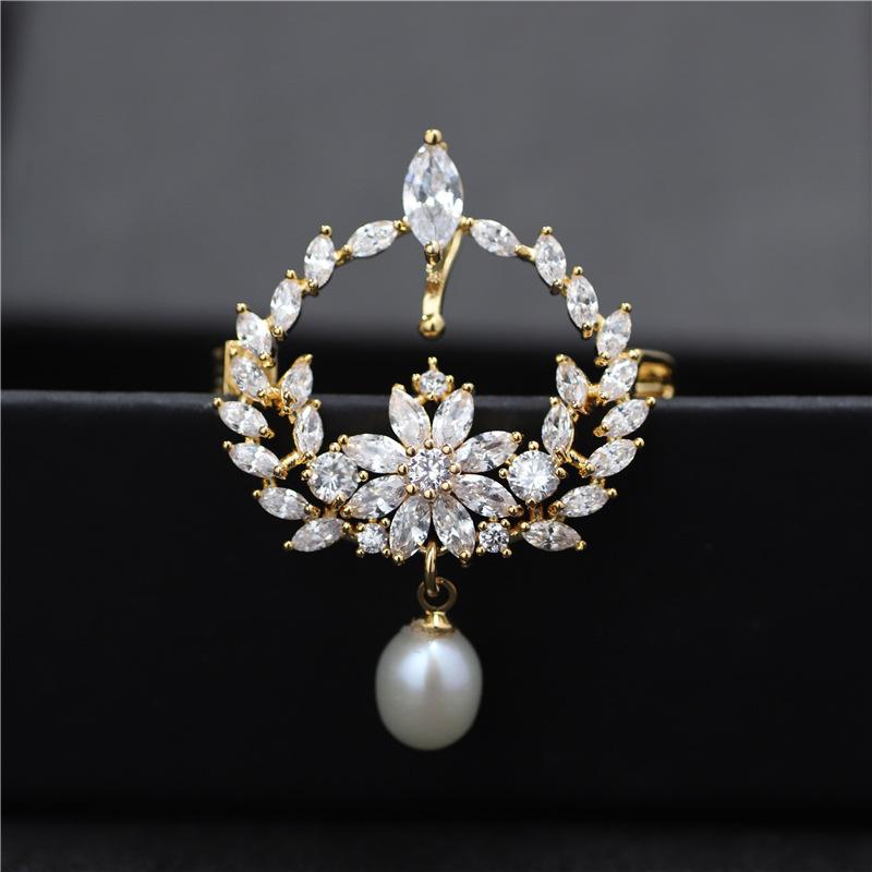 

Pins, Brooches Vintage Turkish Wreath Hanging Freshwater Pearl Pins For Women Jewelry Cubic Zirconias Brooch Rhinestone Broches Pin