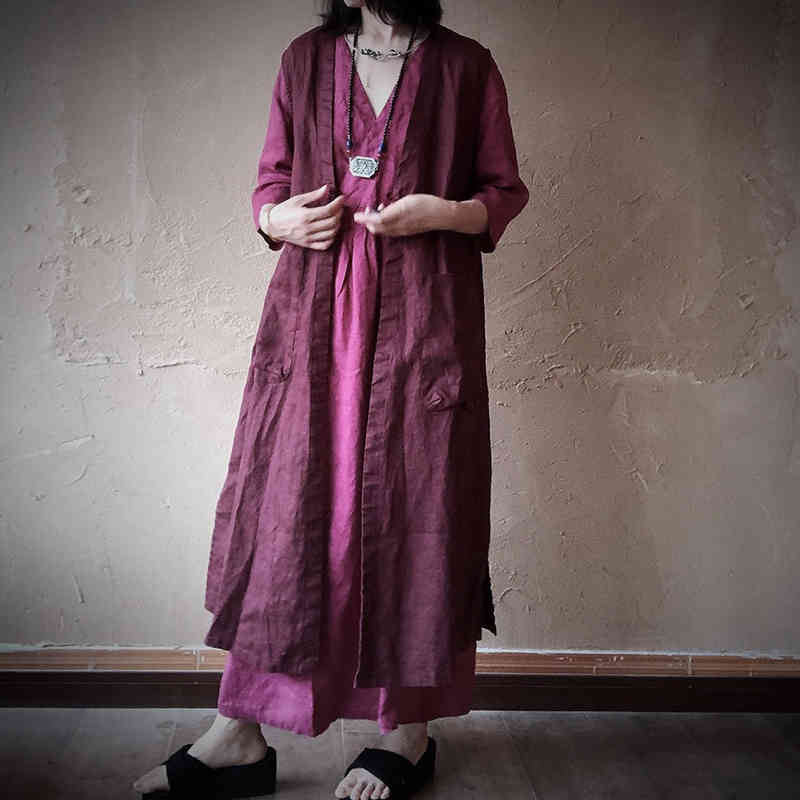 

Johnature V-neck Cotton Linen Women Long Vest Autumn Loose Vintage All-match Solid Color Female Cardigan Vest 210521, Rose red