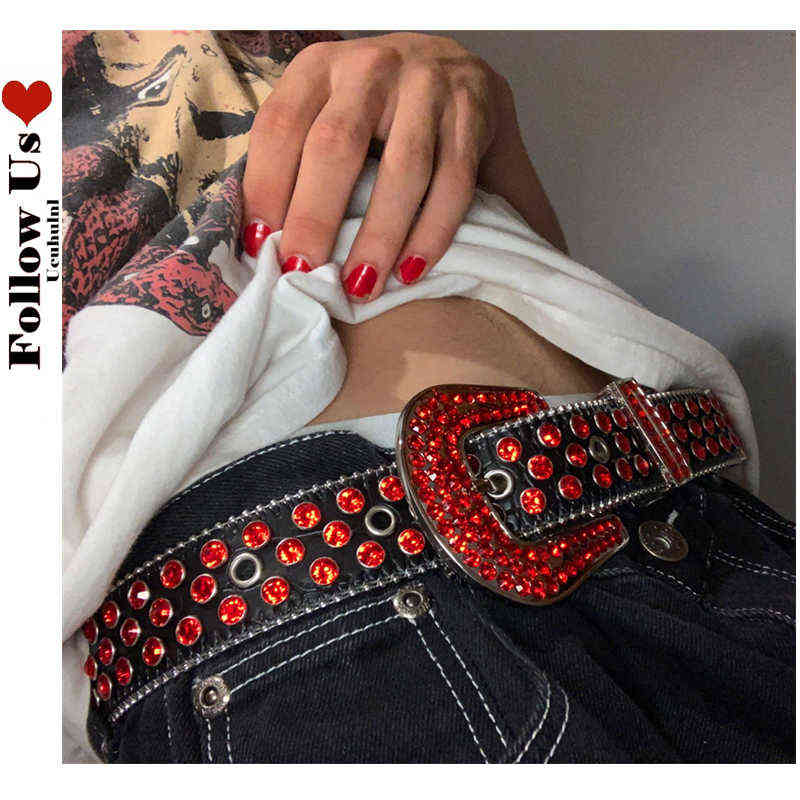 

Gothic Dark Rhinestone Belts Luxury Designer Brand Strap Diamond Bing Punk Belt Western Cowboy Y2K E Girls Crystal Jeans Belt G220301, Black
