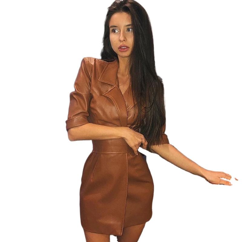 

Women' Leather & Faux Pure Color Pu Ladies Dress Jacket Suit Tie Belt Long Sleeve Fashion Slim Sexy Waist High 2021 W45, Black
