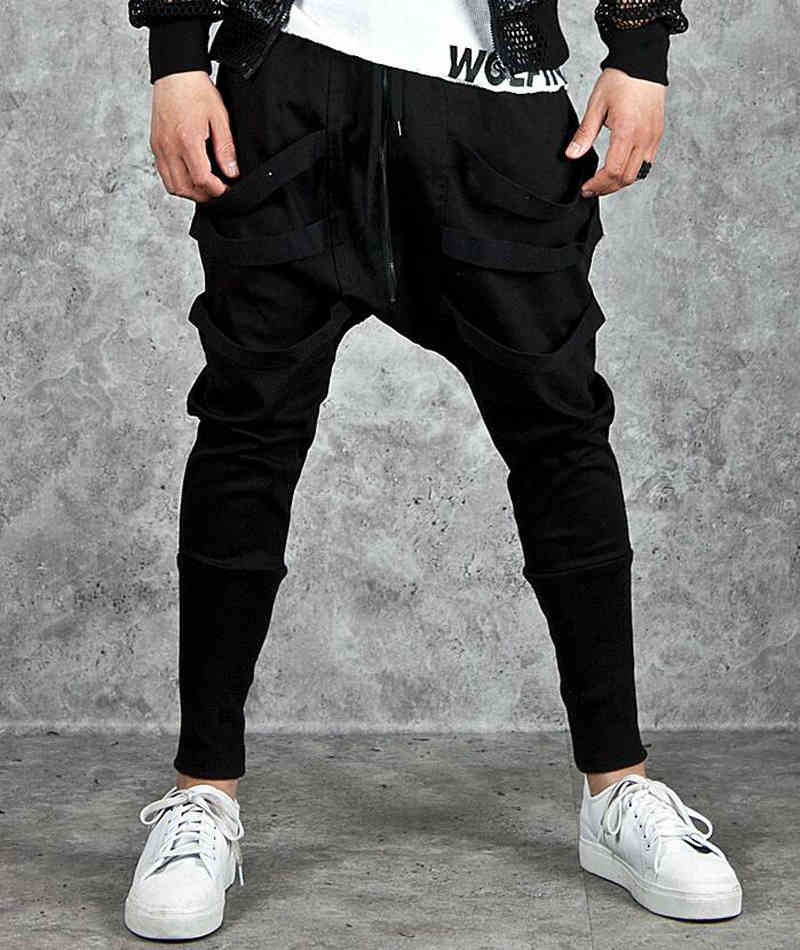 

men's pants fashion harem men hip hop baggy cross techwear trousers male black trend ribbon streetwear casual joggers pants man 86
