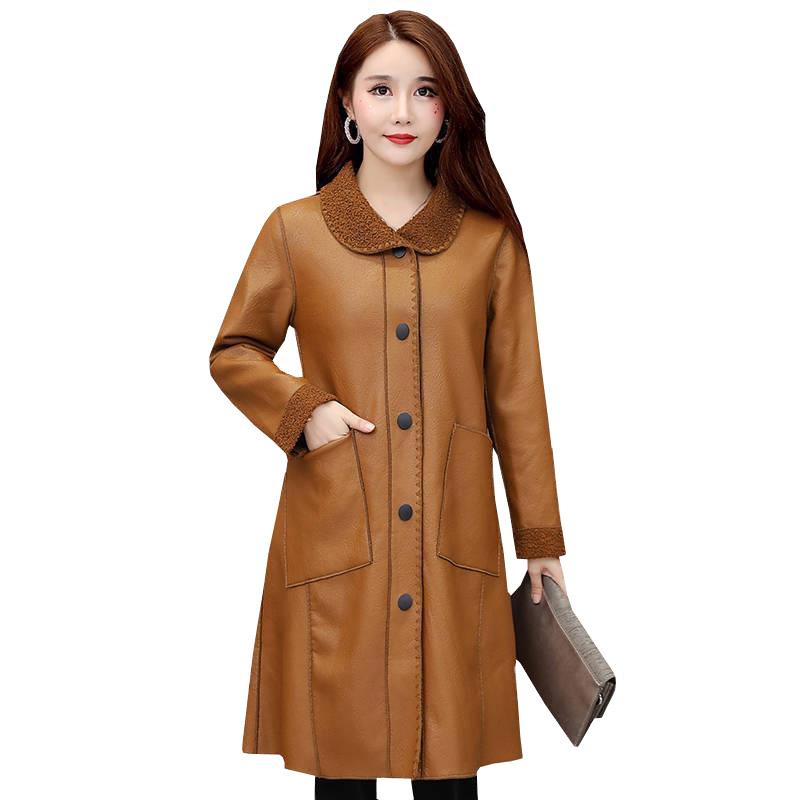 

Women's Leather & Faux 2021Women's Autumn Winter Jacket Loose Warm Grain Fleece Trench Coats Female Outerwear Vintage Oversize Tops, Black