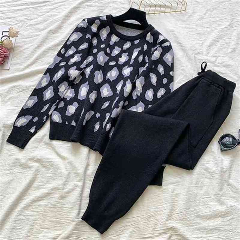 

fashion Autumn Winter Women Suits Leopard Knitted O-neck Pullover Sweater and Pants Two Piece Set 210603, Picture color