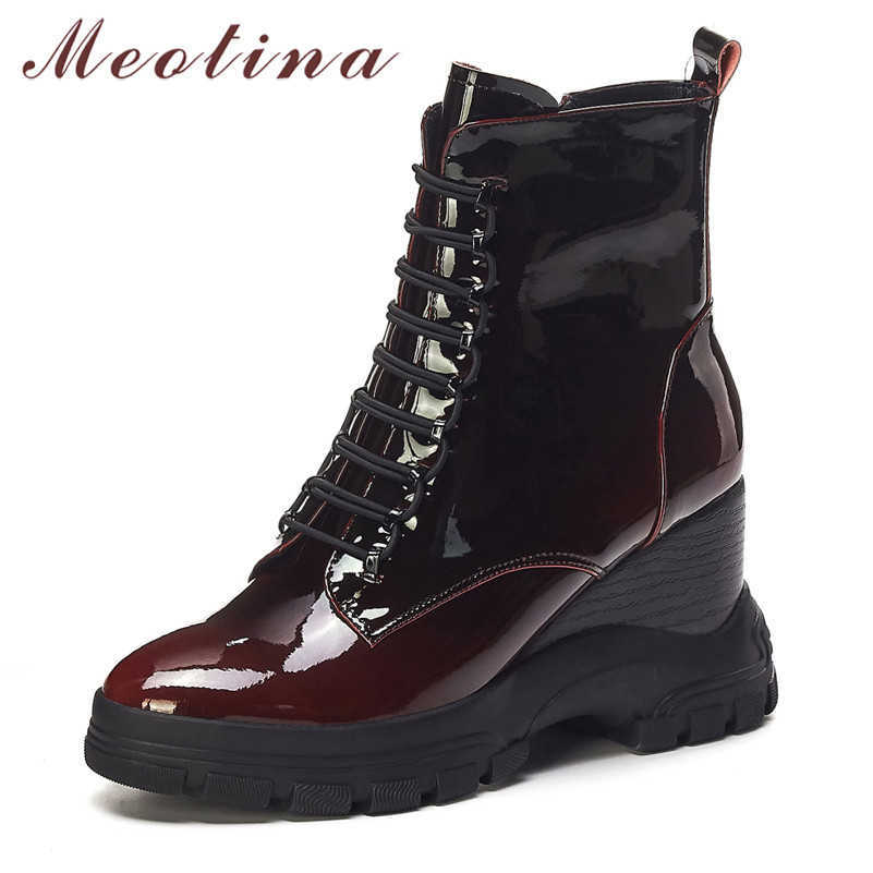 

Meotina Winter Ankle Boots Women Natural Genuine Leather Wedge Heel Short Boots Zip Super High Heel Shoes Lady Autumn Size 34-39 210608, Red synthetic lini