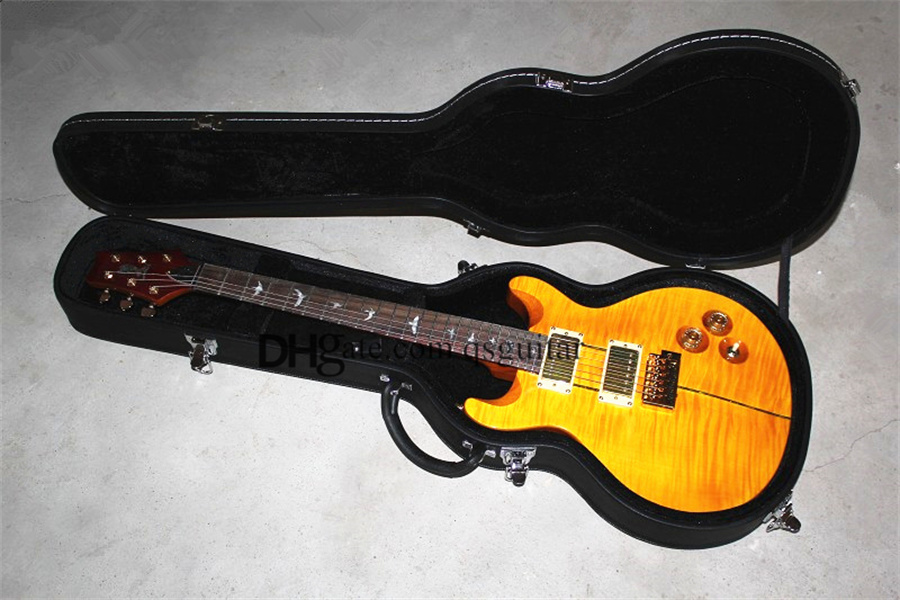 

custom PR electric guitar, flamed maple veneer,yellow guitar,gold pickups,mahogany body with shell inlay,bird mosaic