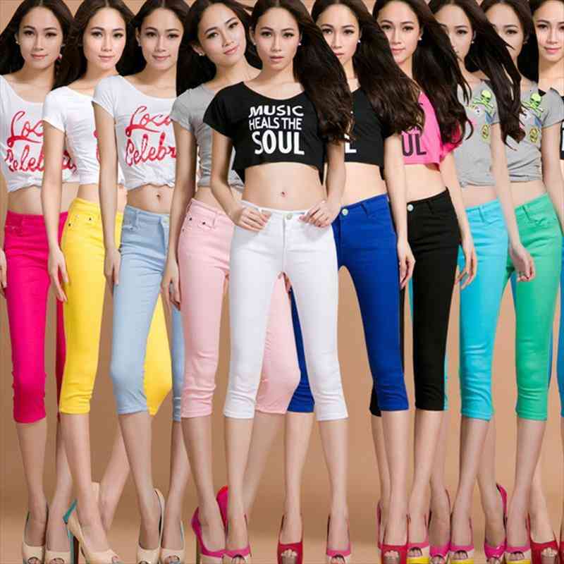 

skinny womens capris jeans pants female knee length stretch slim capri jeans women candy color summer denim, Blue